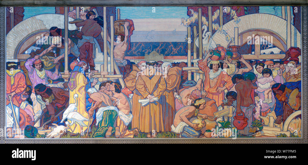 Mission Building,; English: one of four great eras of California history murals by Dean Cornwell at the Central Library in downtown Los Angeles, California Stock Photo