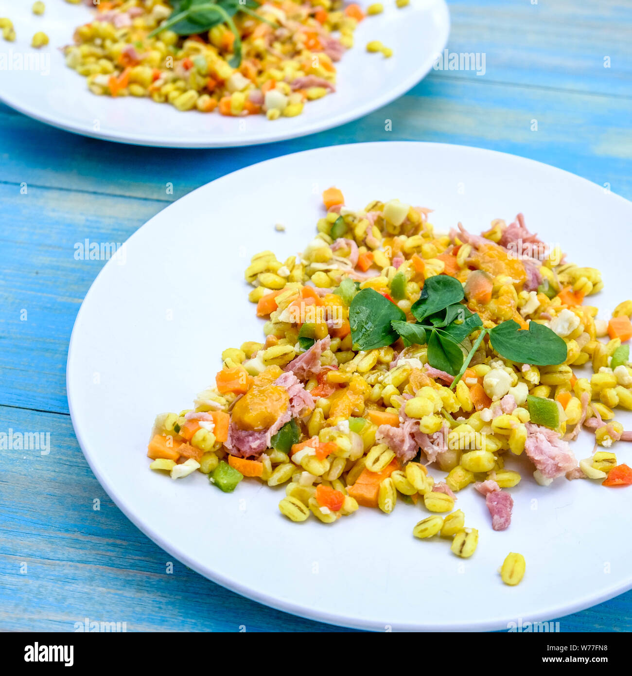 Healthy Ham Hock Summer Salad With Pearl Barley Cereals, Peppers and