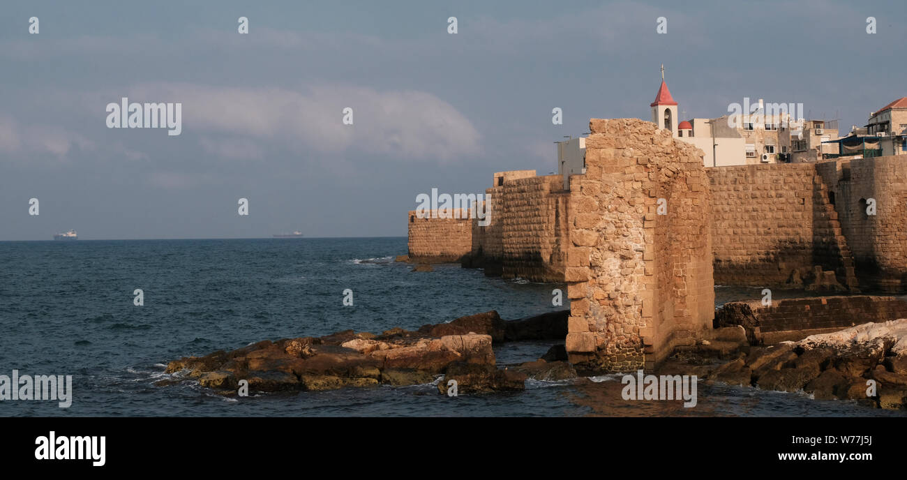 View of the southern fortified walls surrounding the old city of Akko or Acre built by the Ottoman ruler, Ahmed al-Jezzar Pasha at the seacoast of the Mediterranean Sea northern Israel Stock Photo