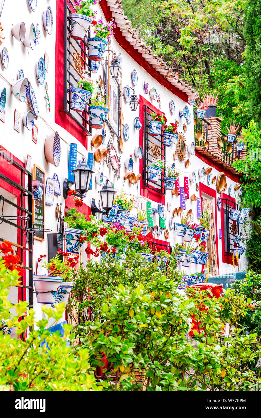 Andalusia, Spain. Flowers decorated gipsy house in Sacromonte, Granada moorish city. Stock Photo