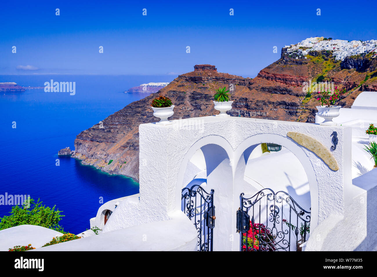 Santorini, Greece. Firostefani whitewashed village on Thira, Cyclades Islands. Stock Photo