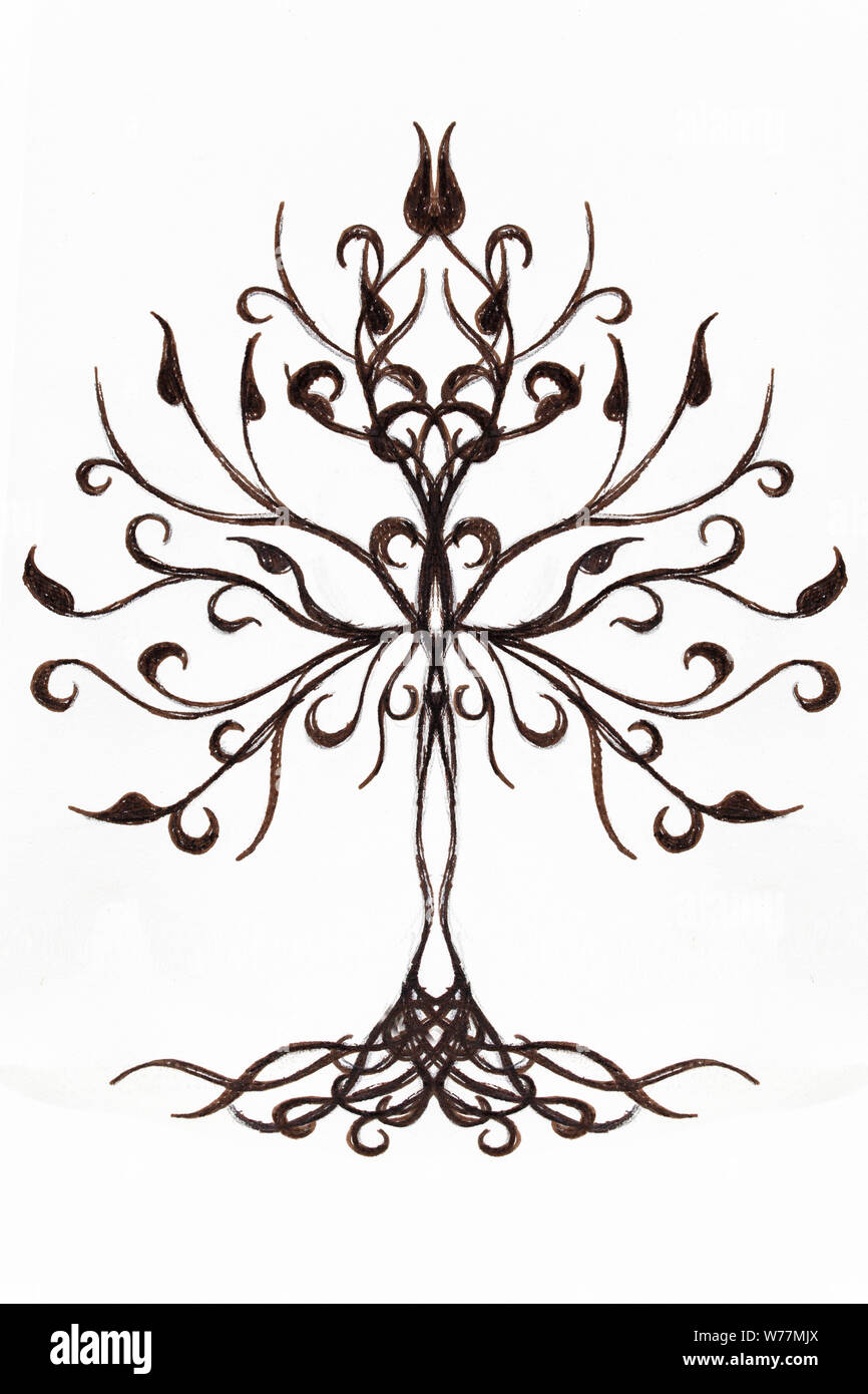 tree of life symbol on structured ornamental background, yggdrasil Stock Photo