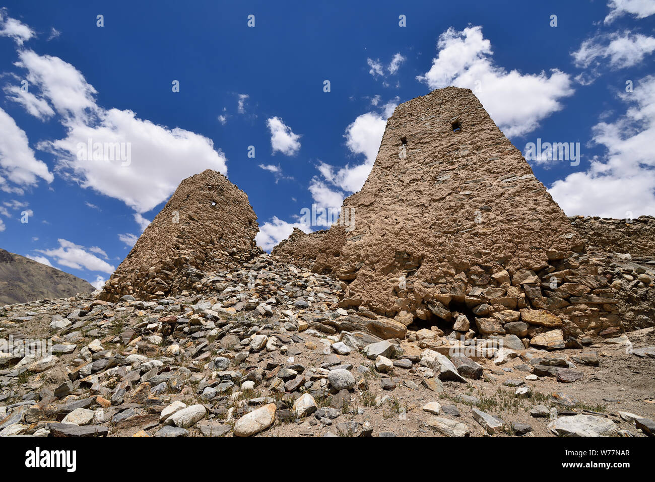 View on the remote Shakhdara Valley in the Pamir mountain, Ruin old fortress, Tajikistan, Central Asia. Stock Photo