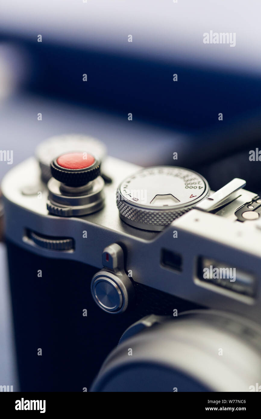 Red shutter button on a vintage photography camera Stock Photo Alamy