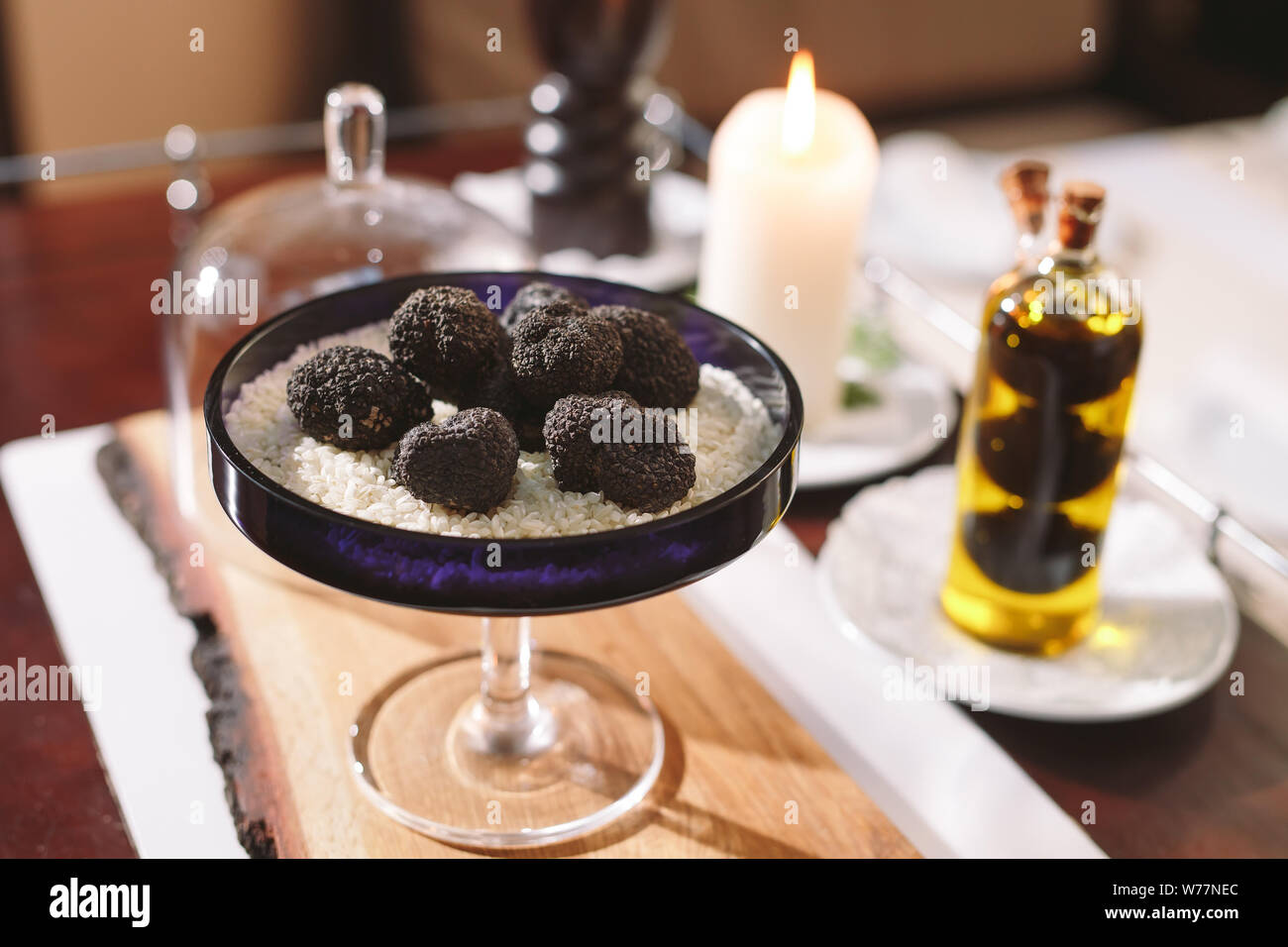 Black truffle mushroom on the rice on the table Stock Photo