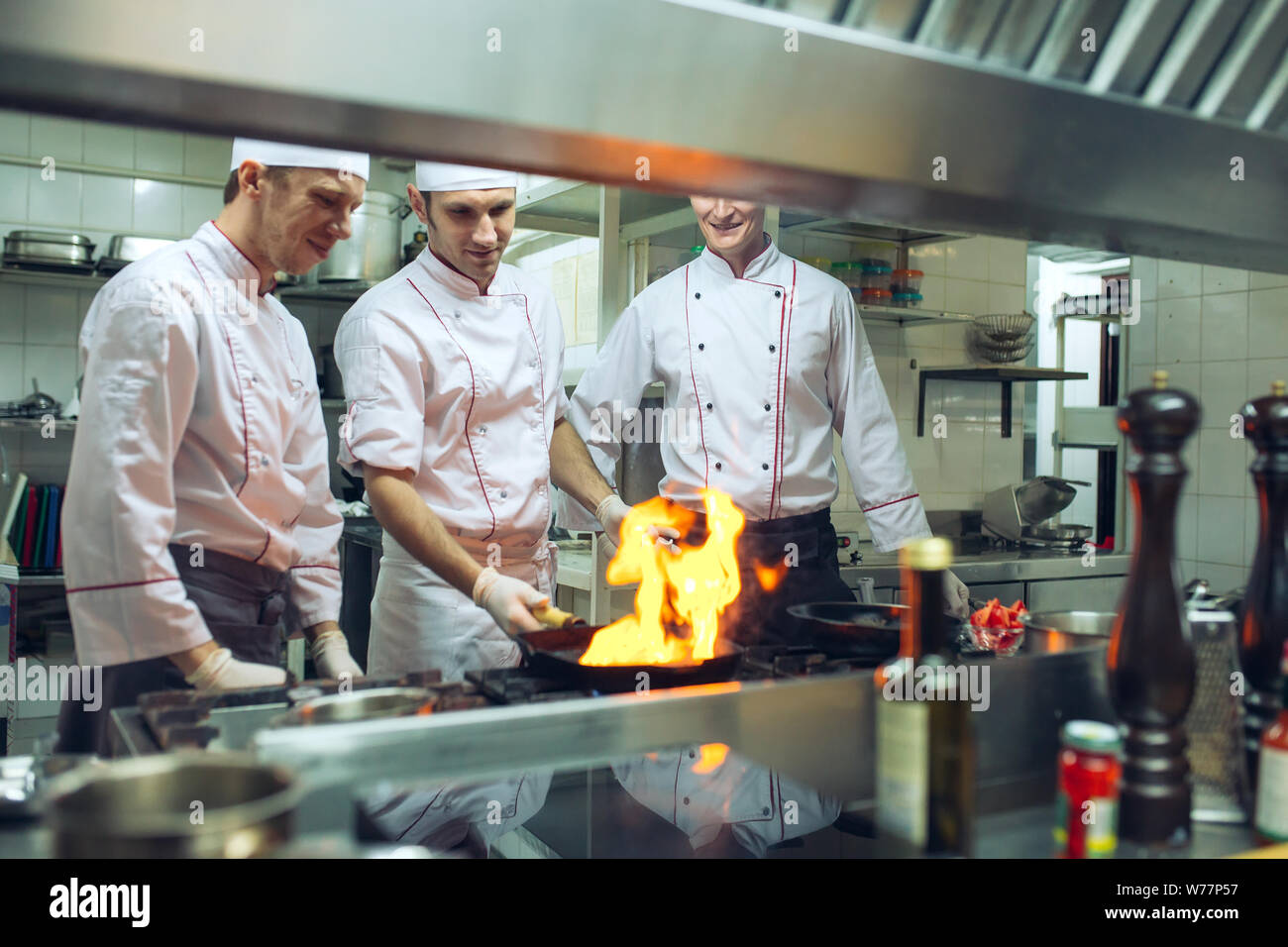 Fire in the kitchen. Fire gas burn is cooking on iron pan,stir fire