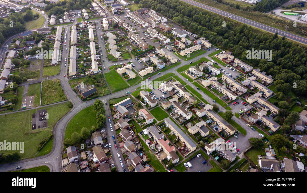 Aerial drone view of houses in a residential area of a Welsh town Stock Photo