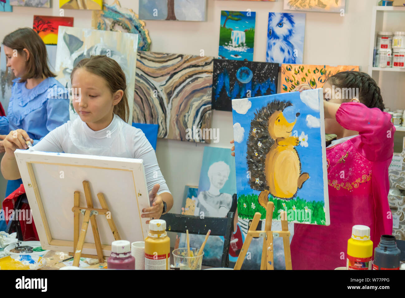 Russia Tatarstan April 20 2019 The Girl Draws A Hedgehog