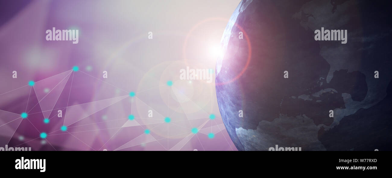 Global communication network, worldwide exchange, Earth planet at sunrise from space, digital network background, banner, copy space. 3d illustration Stock Photo