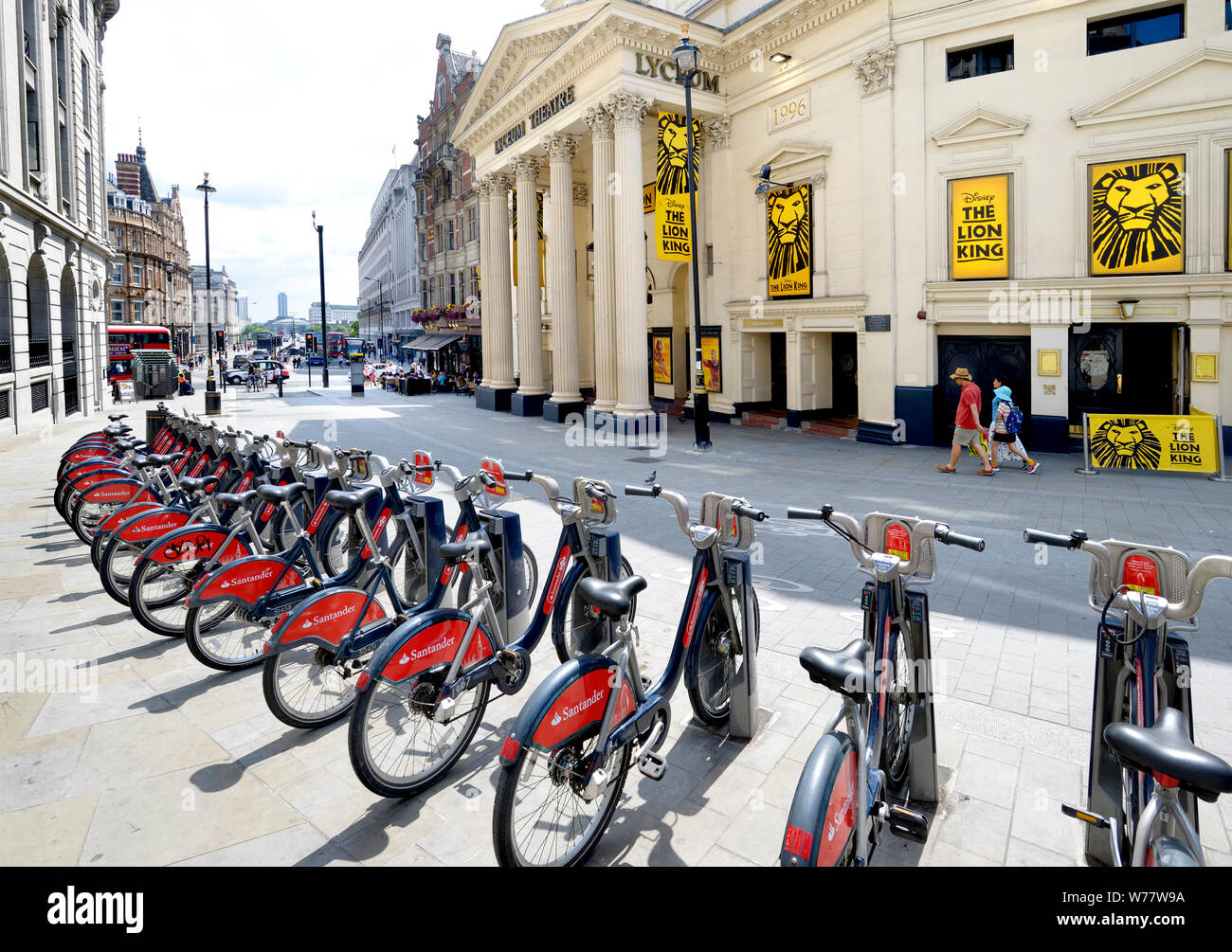London, England, UK. Santander Cycles hire bikes in front of the Lyceum