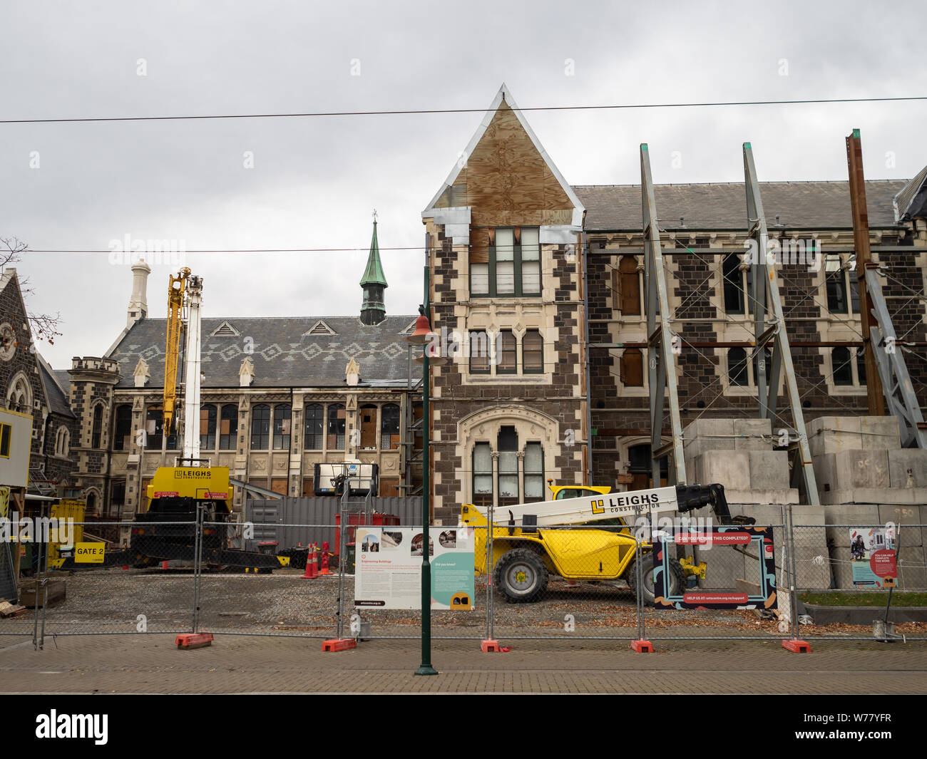 Former University of Canterbury heritage category one buildings undergoing restoration work after the 2011 earthquake, designed by Benjamin Woolfield Stock Photo