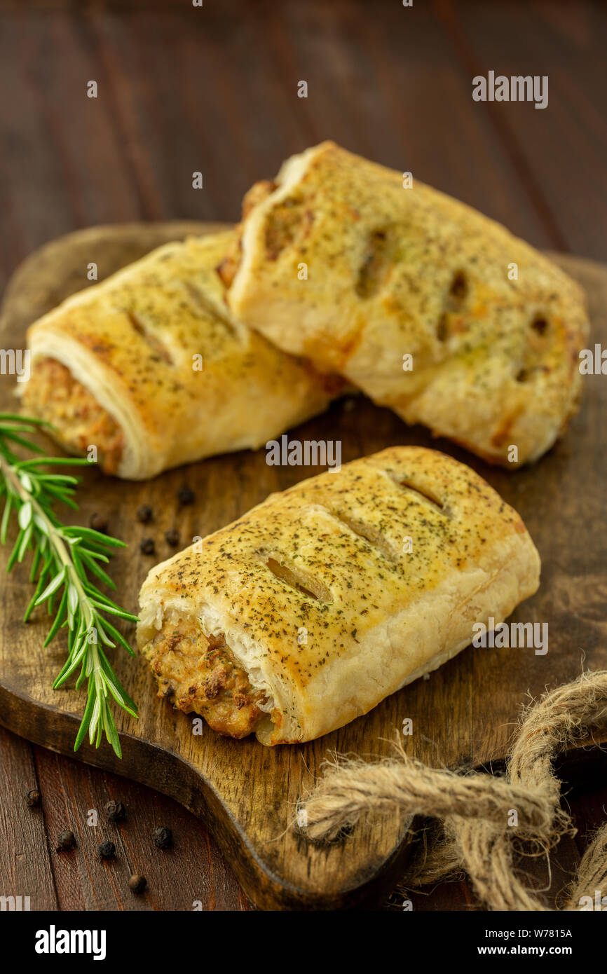 Vegan sausage rolls with rosemary and cracked black peppercorns Stock Photo