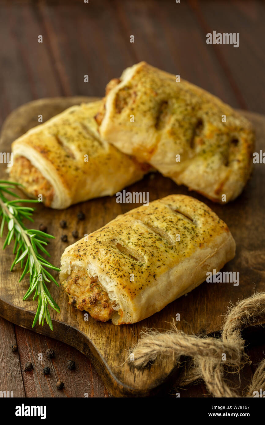 Vegan sausage rolls with rosemary and cracked black peppercorns Stock Photo