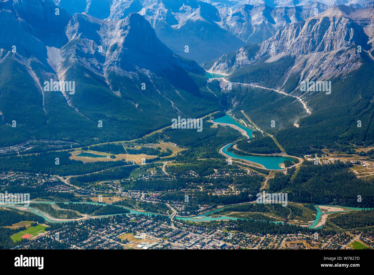 Aerial view of Canmore, Alberta Canada located just outside Banff