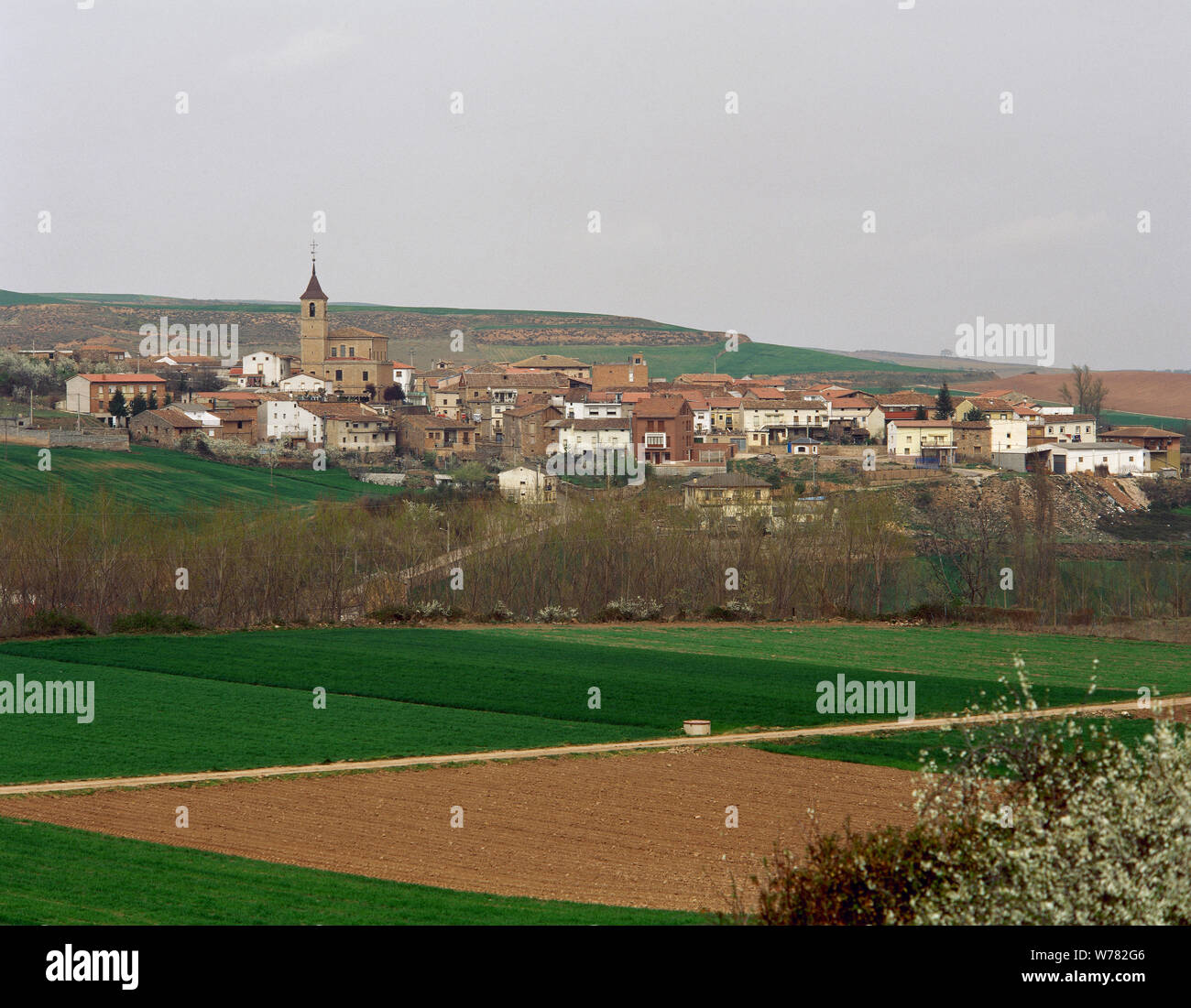 Spain. La Rioja. Berceo. Panoramic of the village, birthplace of the medieval poet Gonzalo de Berceo (ca. 1195-ca. 1268). He was the first poet in Castilian language known. Stock Photo