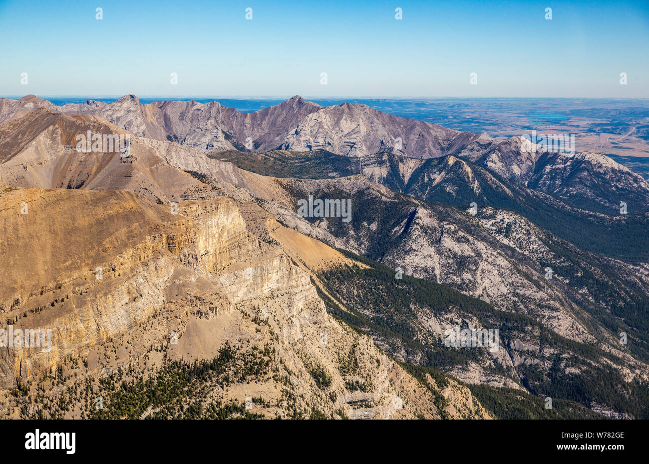 Mountains on the eastern edge of the Rocky Mountains near the Trans Canada Highway. Stock Photo