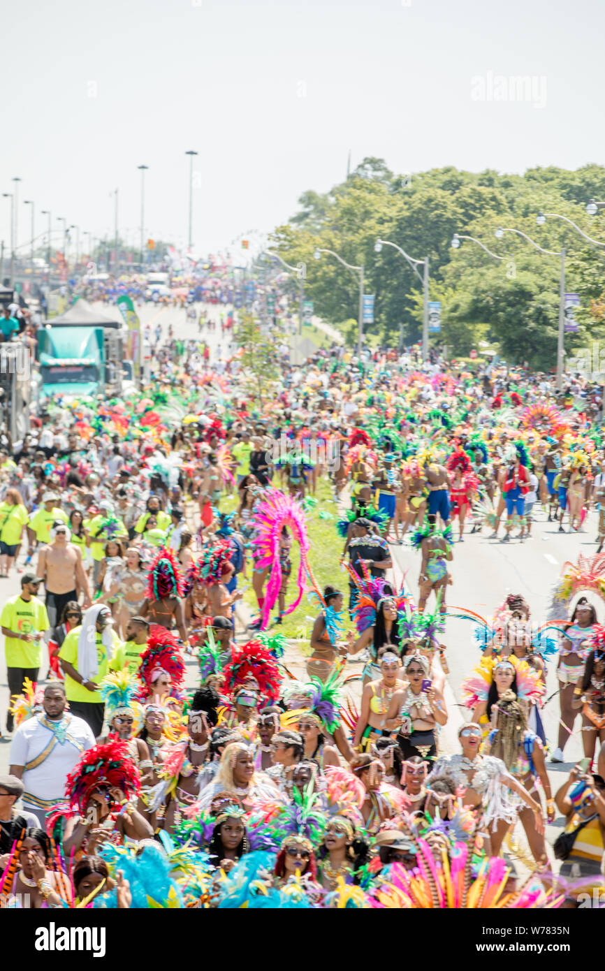 TORONTO, ONTARIO, CANADA - AUGUST 3, 2019: Participants in the Toronto Caribbean Carnival Grand Parade, which is one of the largest street festivals i Stock Photo