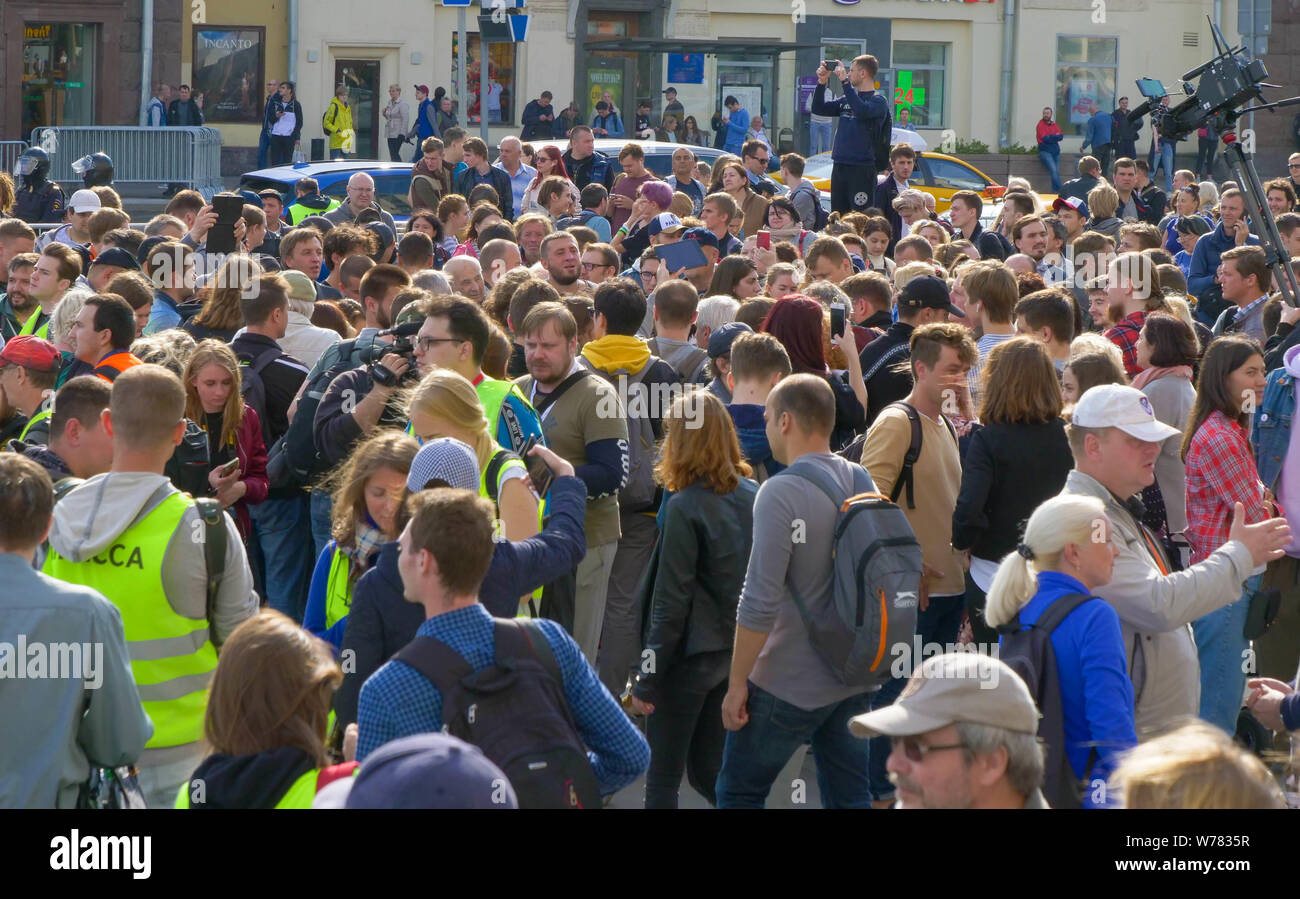 Crowd of protesters on Tverskaya in Moscow Stock Photo