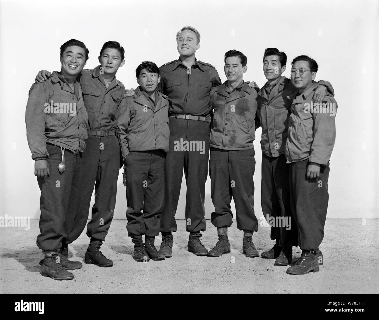 KEN K. OKAMOTO, GEORGE MIKI, HENRY OYASATO, VAN JOHNSON & AKIRA FUKUNAGA  Character(s): Kaz, Chick, Ohhara,Lt. Michael Grayson, Frank  Film 'GO FOR BROKE!' (1951)  Directed By ROBERT PIROSH  04 May 1951  AFF24627  Allstar Picture Library/MGM  **WARNING**This Photograph is for editorial use only and is the copyright of MGM  and/or the Photographer assigned by the Film or Production Company & can only be reproduced by publications in conjunction with the promotion of the above Film. A Mandatory Credit To MGM is required. The Photographer should also be credited when known. No commercial use can Stock Photo