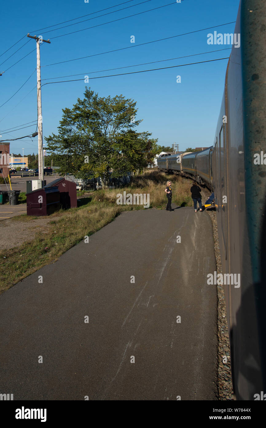 Train at Halifax Nova Scotia Canada pulling in passenger train arriving