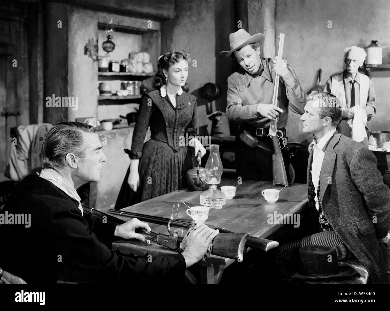 RANDOLPH SCOTT, DONNA REED, LEE MARVIN, HANGMAN'S KNOT, 1952 Stock Photo