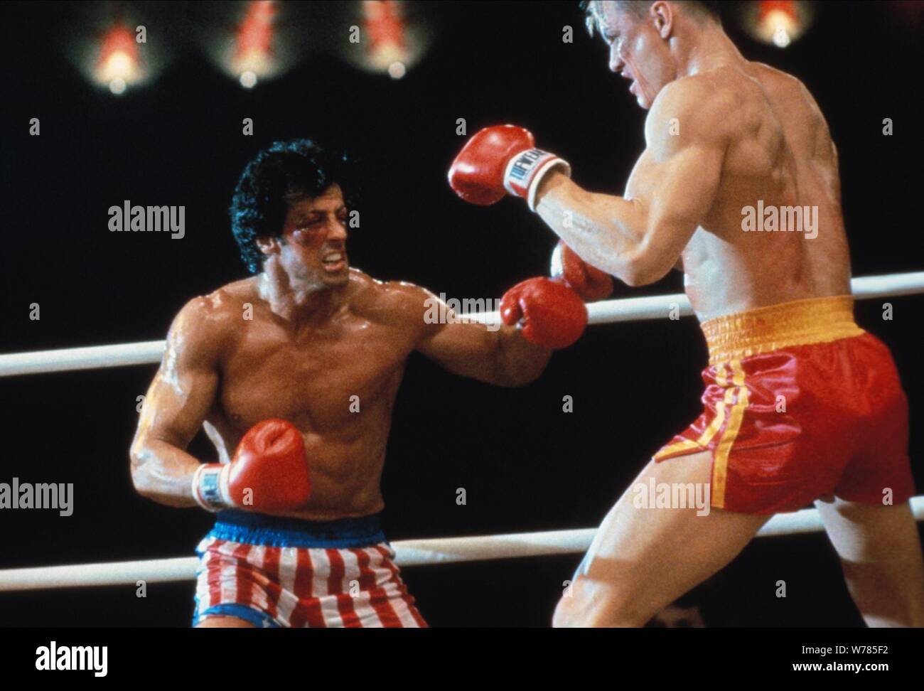 SYLVESTER STALLONE, DOLPH LUNDGREN, ROCKY IV, 1985 Stock Photo