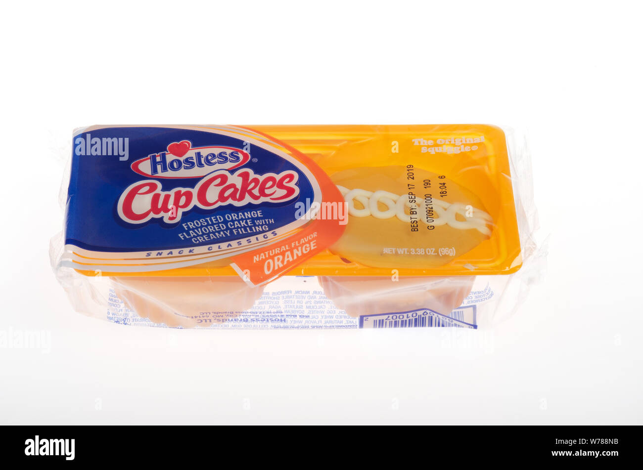 Hostess Orange frosted cupcakes in package Stock Photo