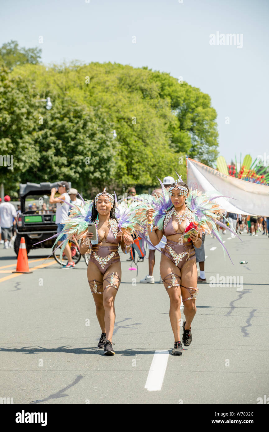 TORONTO, ONTARIO, CANADA - AUGUST 3, 2019: Participants in the Toronto Caribbean Carnival Grand Parade, which is one of the largest street festivals i Stock Photo