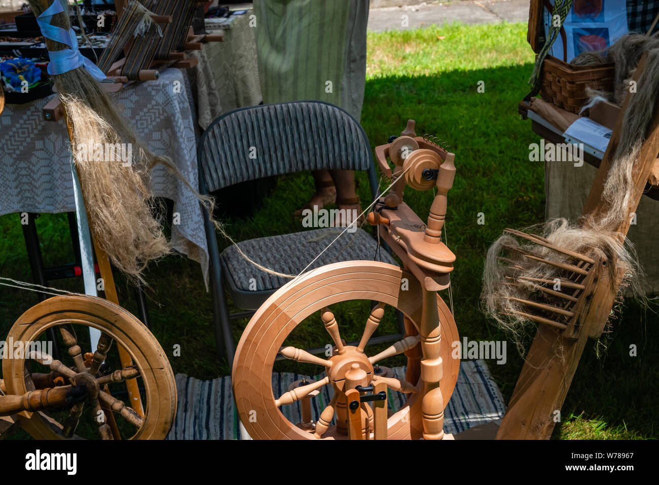Linen, flax fiber, European flax wheel used to spin flax into linen