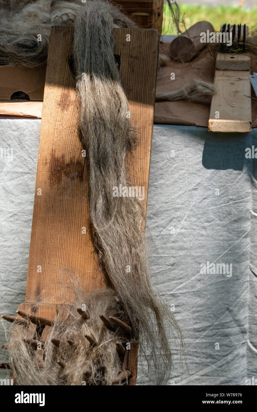 Linen, flax fiber, European flax wheel used to spin flax into linen