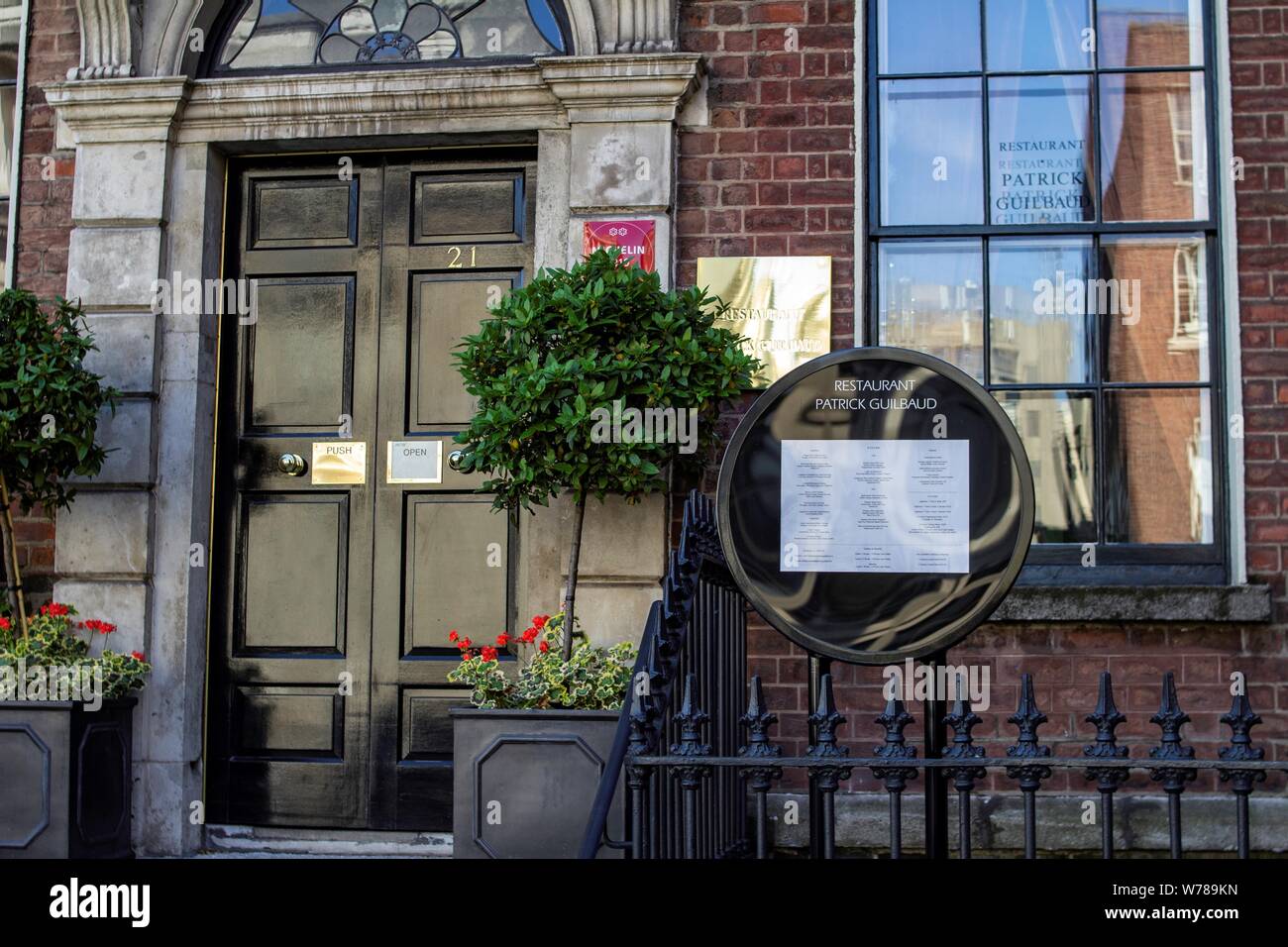 Restaurant Patrick Guilbaud in Upper Merrion Street, a fine dining  restaurant it currently holds two Michelin stars Stock Photo