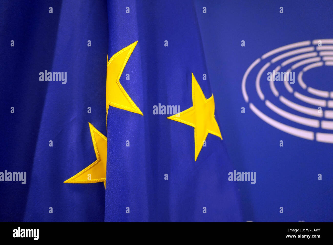 Logotype and flag for the EU Parlament, European Union. Stock Photo