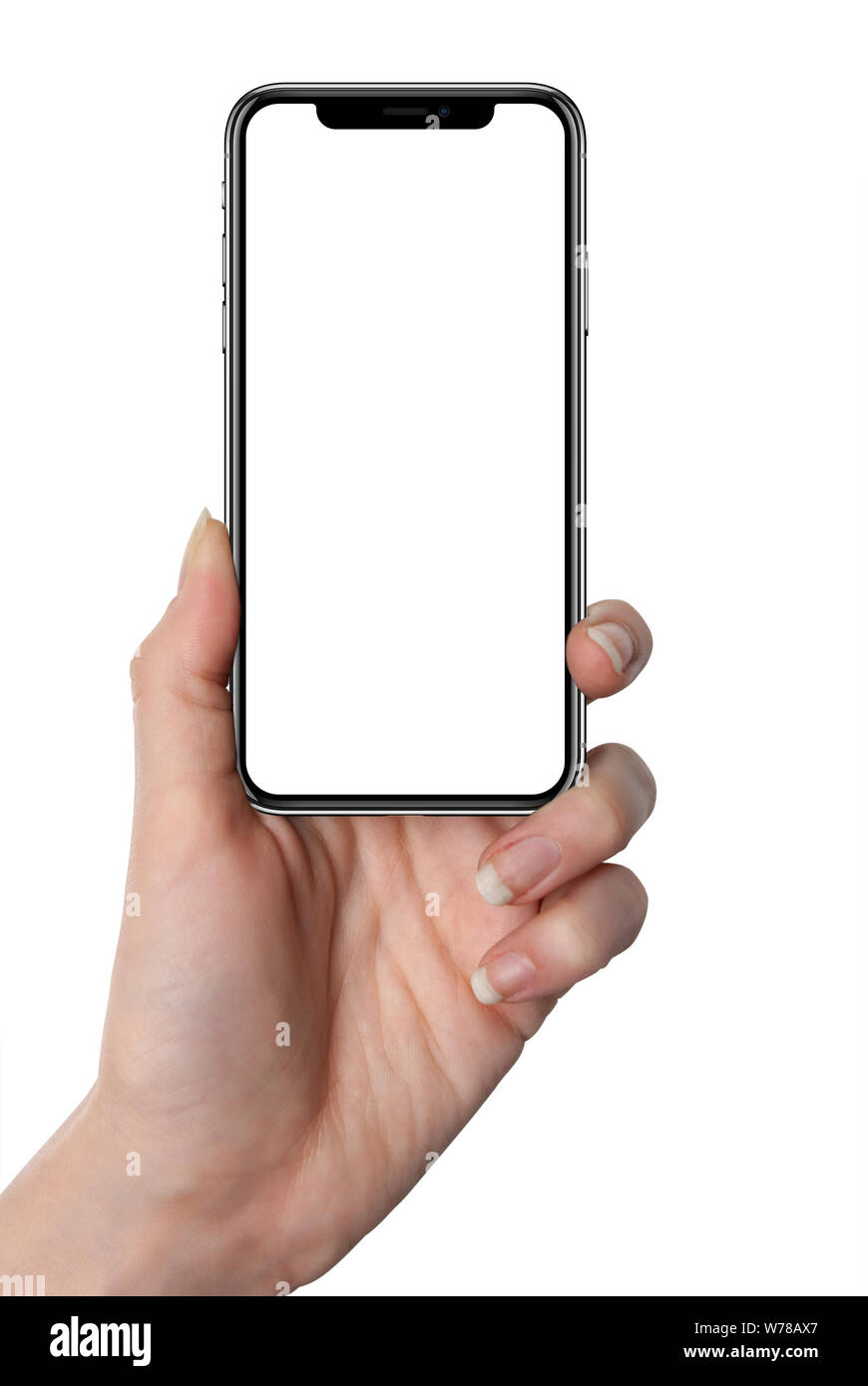 Woman hand holding the black smartphone similar to iphone x with blank screen and modern frame less design - isolated on white background Stock Photo