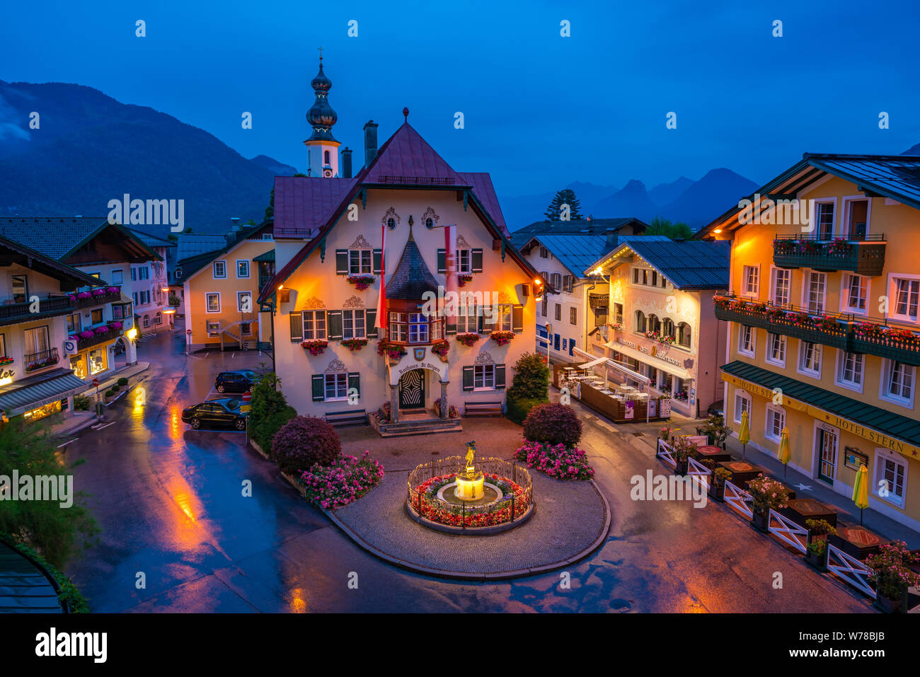 ST. GILGEN, AUSTRIA - JULY 11, 2019: The Rathaus (Town Hall) on Mozartplatz in the Town Centre of Sankt Gilgen village Stock Photo