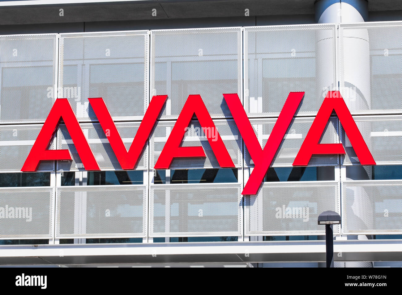 August 1, 2019 Santa Clara / CA / USA - Avaya sign displayed at their HQ in Silicon Valley;  Avaya Inc is an American multinational technology company Stock Photo