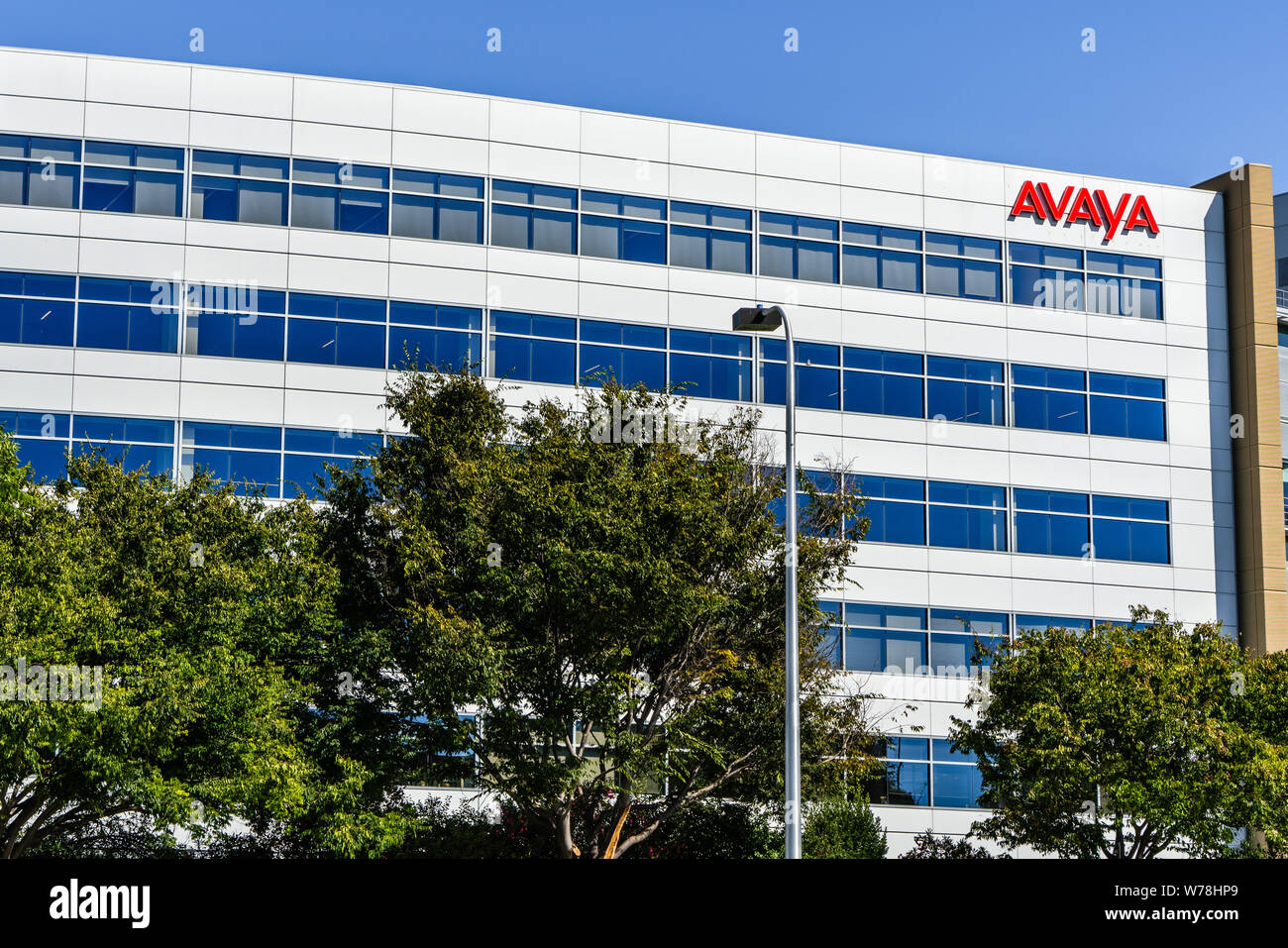 August 1, 2019 Santa Clara / CA / USA - Avaya headquarters located in Silicon Valley;  Avaya Inc is an American multinational technology company that Stock Photo