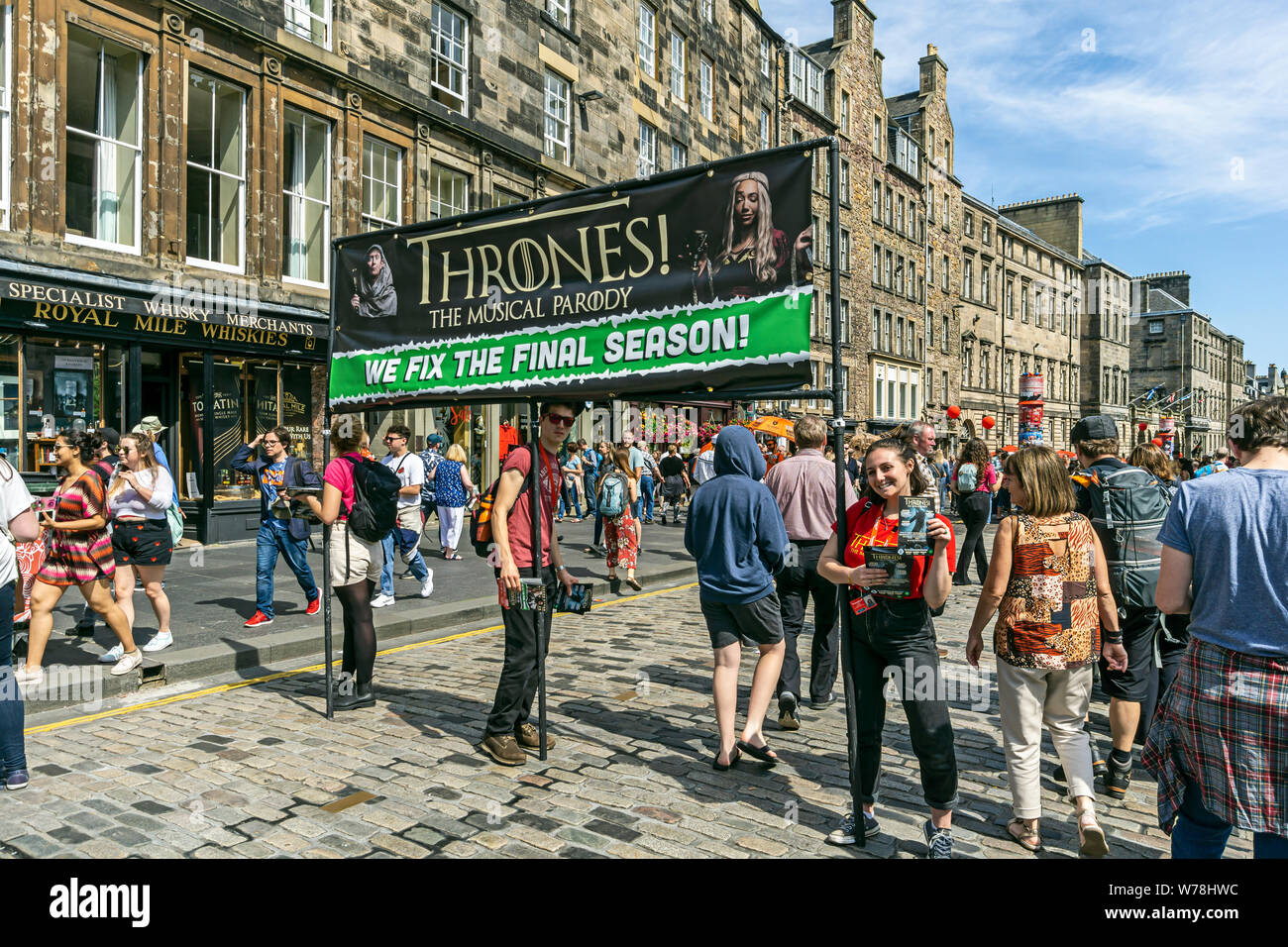 Thrones! The Musical Parody group promoting their musical comedy show at Edinburgh Festival Fringe 2019 in the Royal Mile Edinburgh Scotland UK Stock Photo