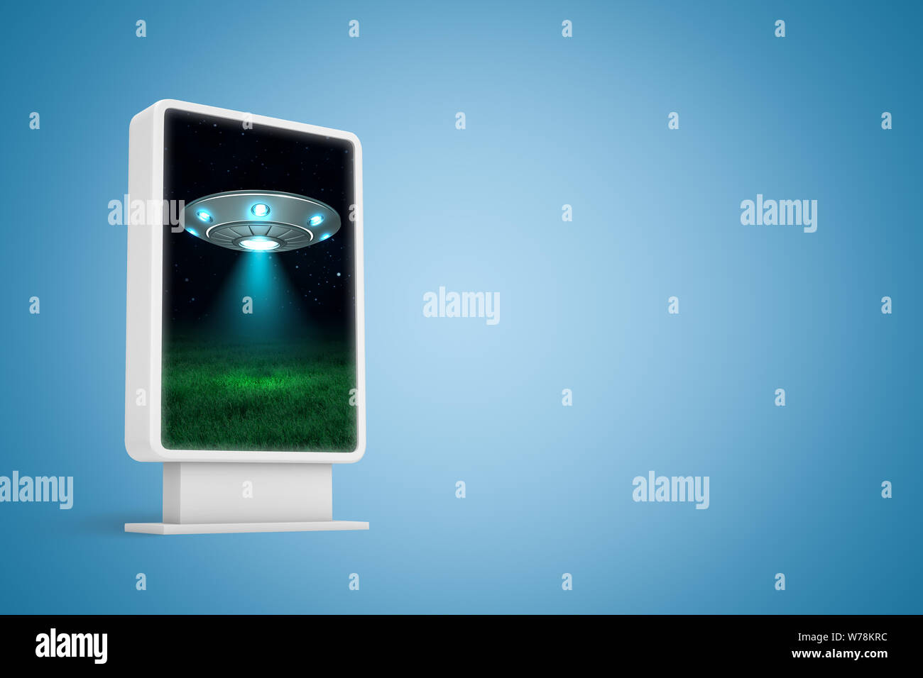 3d rendering of vertical billboard with silver metal UFO on dark night sky poster on blue background. Science fiction. Extraterrestrial life. Outdoor Stock Photo