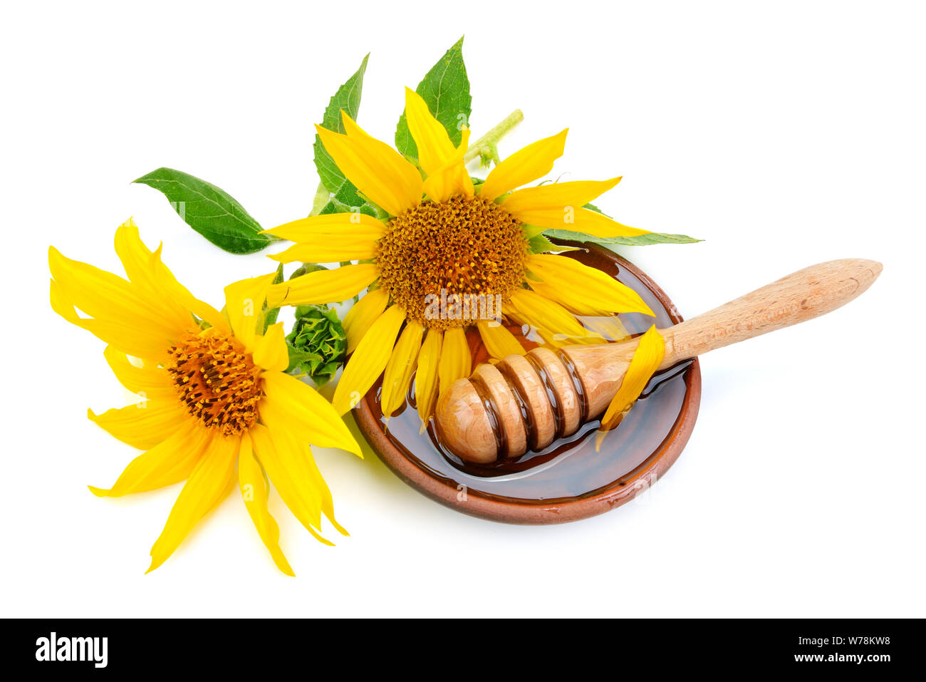 bee honey and sunflower isolated on white background Stock Photo - Alamy