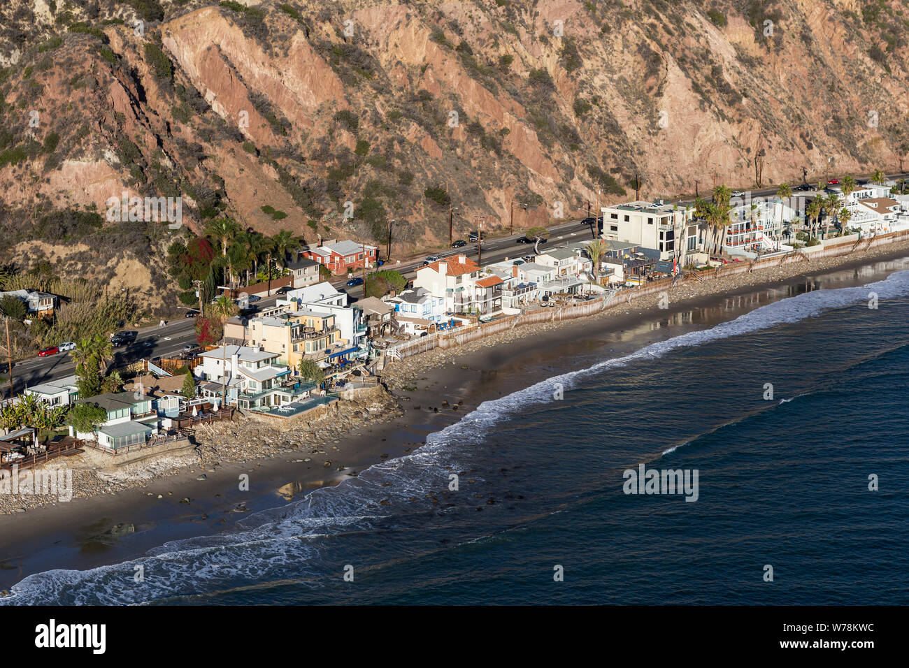 Aerial view of shoreline houses north of Los Angeles and Santa Monica on Pacific Coast Highway in Malibu, California. Stock Photo