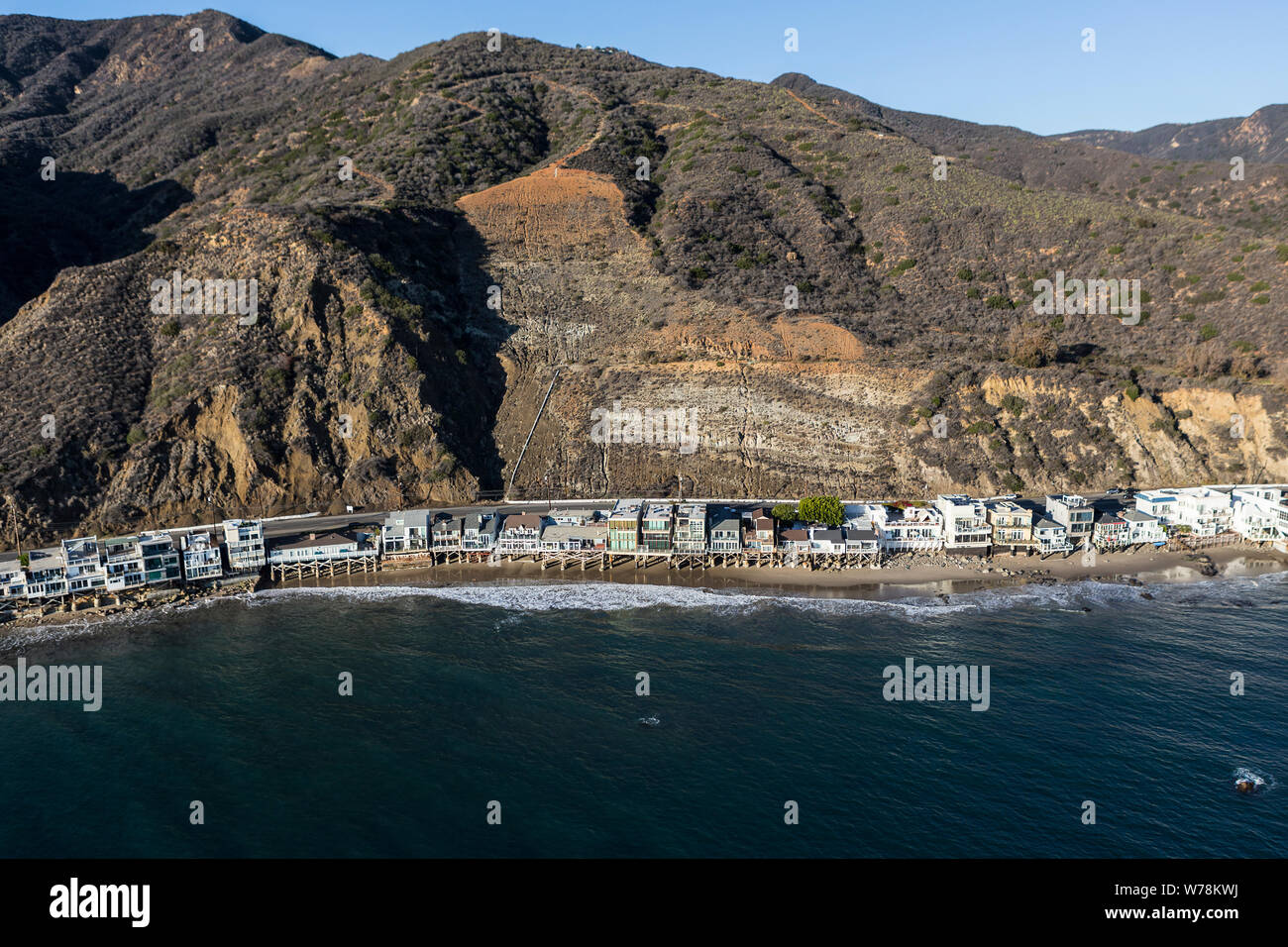 Aerial of beach homes and Big Rock Mesa landslide zone in the Malibu neighborhood of Los Angeles County, California. Stock Photo