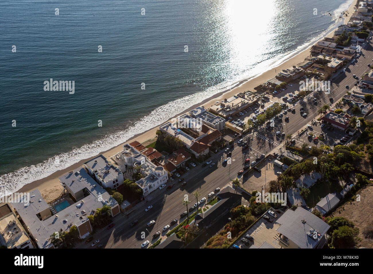 Aerial view of Pacific Coast Highway north of Los Angeles and Santa Monica in scenic Malibu, California. Stock Photo