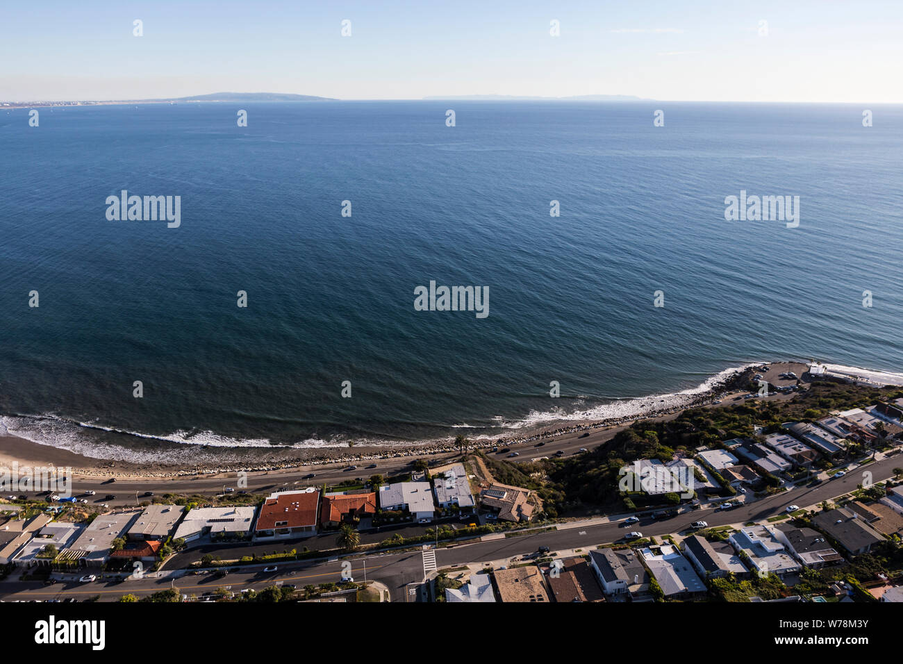 Aerial of ocean view housing in near Topanga Canyon and Pacific Coast Highway in Los Angeles, California. Stock Photo