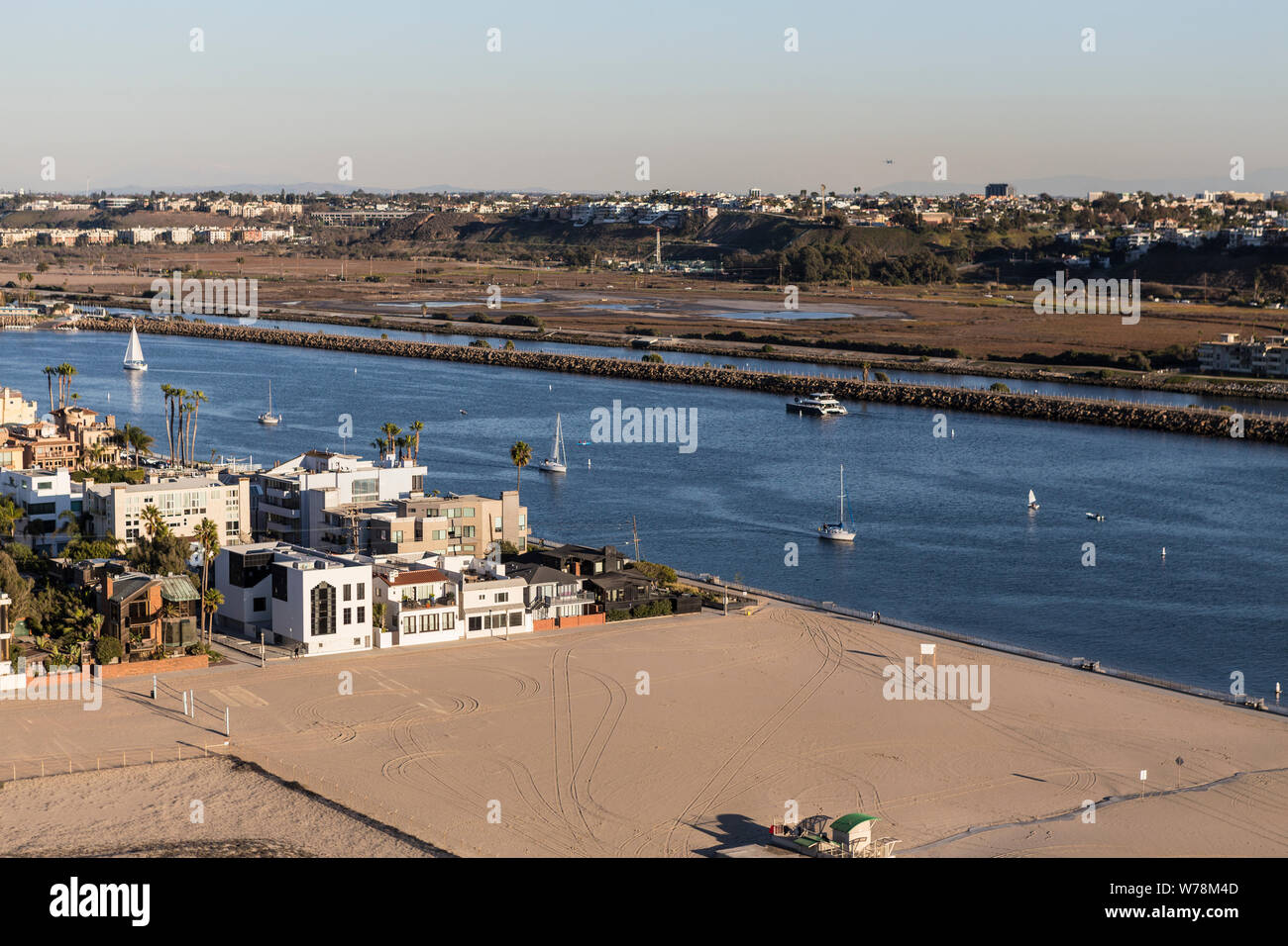 Aerial of Venice beach homes and Marina Del Rey inlet channel near Playa Vista in Los Angeles, California. Stock Photo