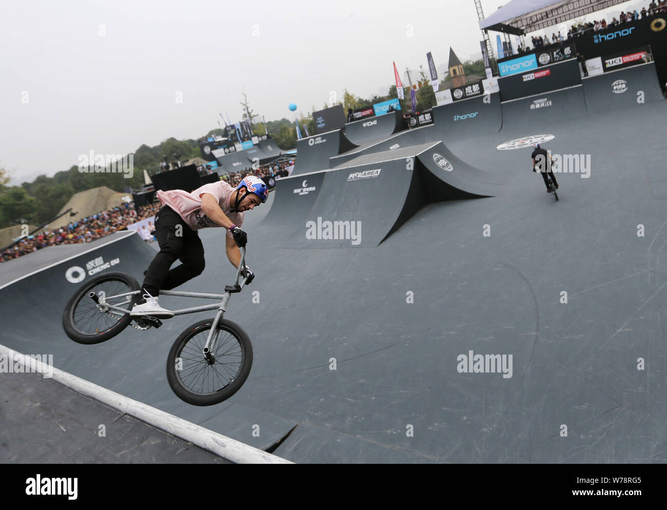 19-year-old French skateboarding star Joseph Garbaccio performs during the FISE World Series Chengdu 2017 in Chengdu city, southwest China's Sichuan p Stock Photo