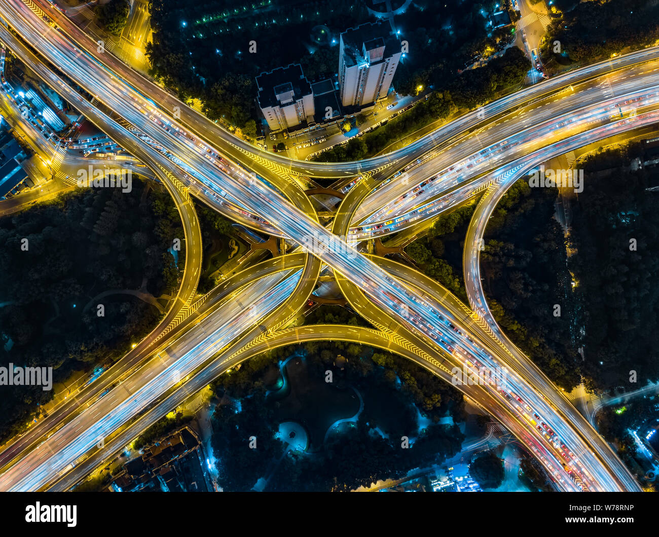 Elevated Interchanges Aerial view of the crossings of elevated interchange overpasses at ...