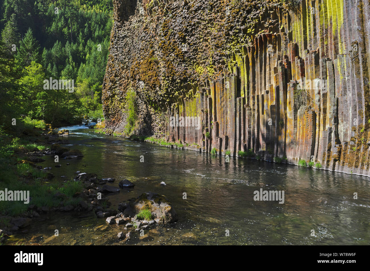 OR: Douglas County, Cascades Range, Soda Springs Basalt Columns. The North Umpqua River runs underneath a cliff of basalt columns Stock Photo