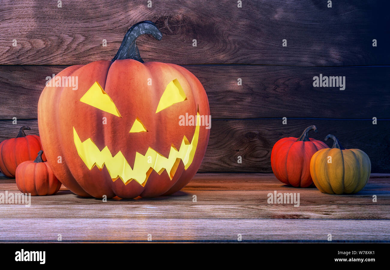 Halloween pumpkin head jack lantern on wood board and wooden background ...