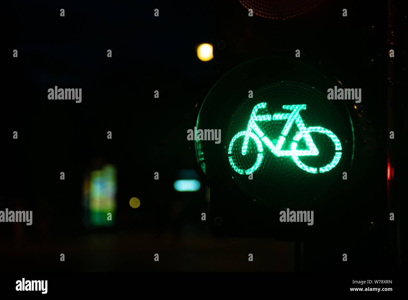 Night bicycle traffic signal, green light, road bike, free bike zone or