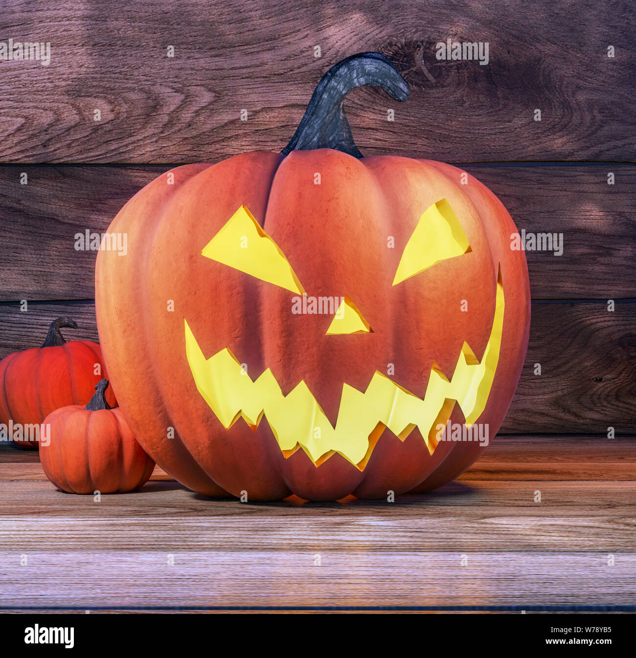 Halloween pumpkin head jack lantern on wood board and wooden background ...